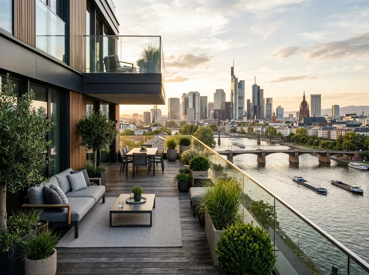 Penthouse-Terrasse am Mainufer in Frankfurt mit Blick auf die Skyline am Nachmittag