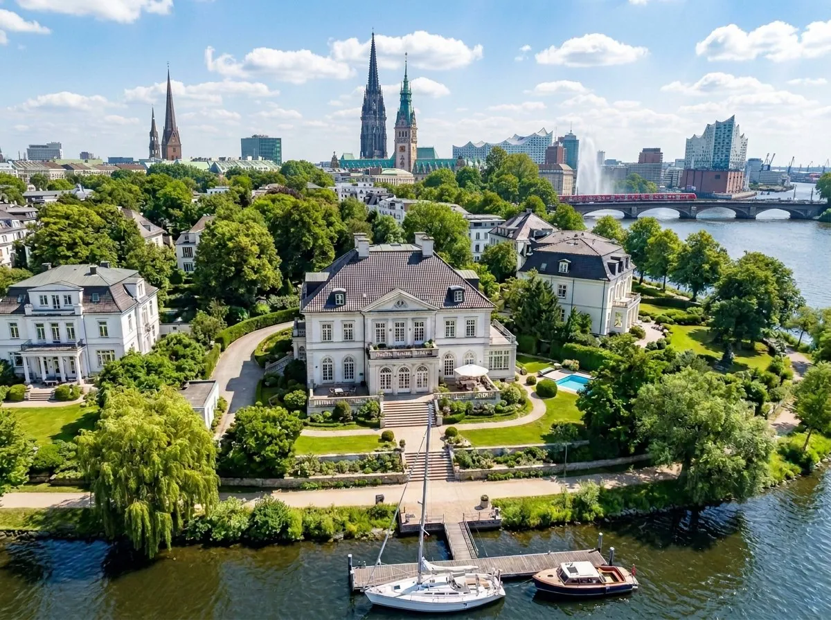 Stadtvilla an der Außenalster in Hamburg mit Blick auf Nikolaikirche, Rathaus und Elbphilharmonie im Sommer