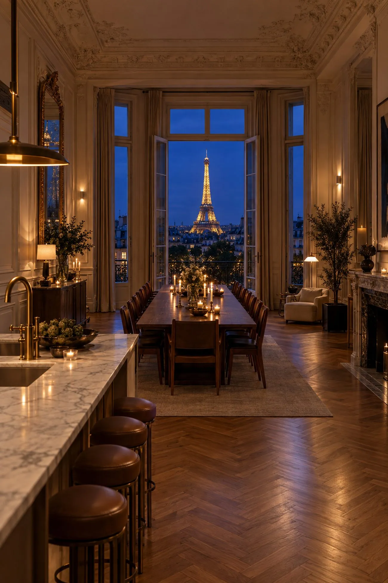 Pariser Altbauwohnung mit hoher Stuckdecke, offener Küche, langer Tafel und Blick auf den beleuchteten Eiffelturm zur blauen Stunde