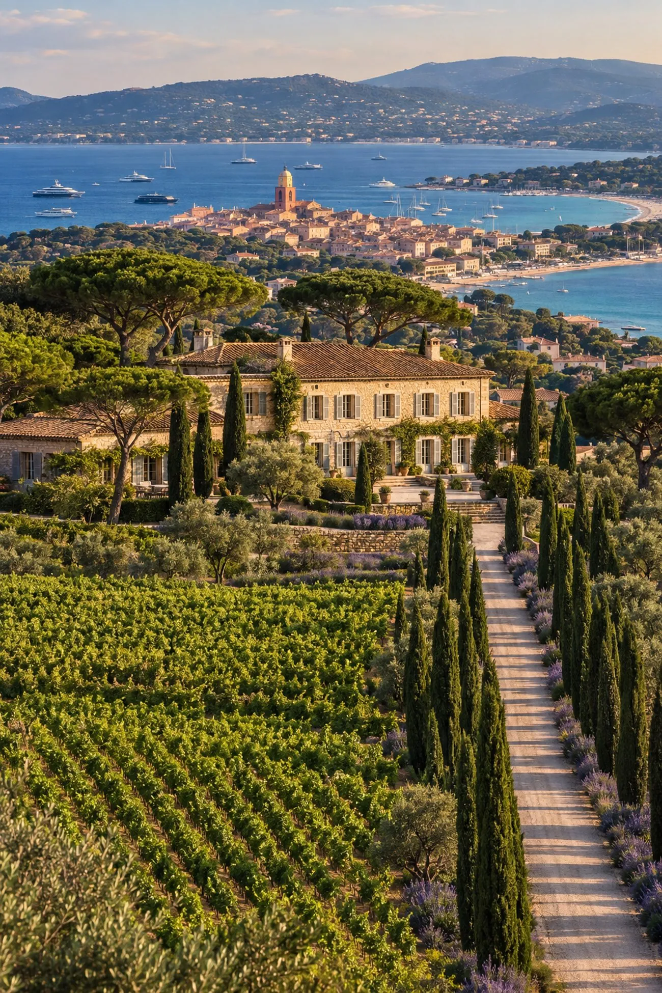 Weingut auf einer Anhöhe bei Pampelonne mit Zypressenauffahrt, Lavendel und Blick auf Saint-Tropez und die Bucht mit Yachten