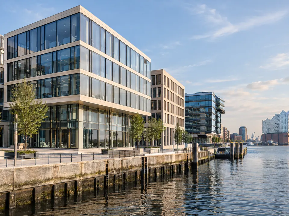 Bürogebäude mit Glasfassade am Wasser in der Hamburger HafenCity