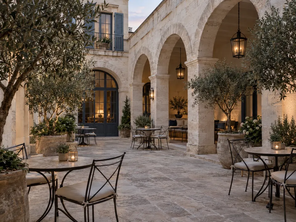 Innenhof eines Boutique-Hotels mit Steinbögen und Laternen