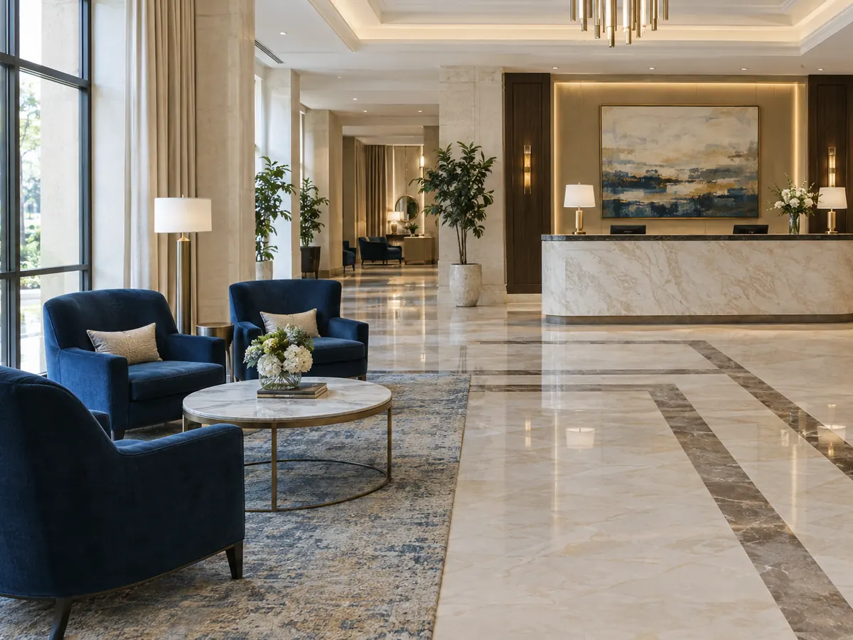 Hotellobby mit Marmorboden, Sesseln und Empfang