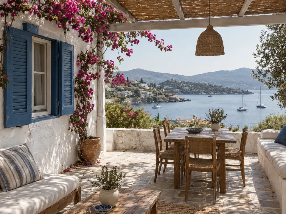 Weißes Haus mit Terrasse und Blick auf eine Bucht in Bodrum