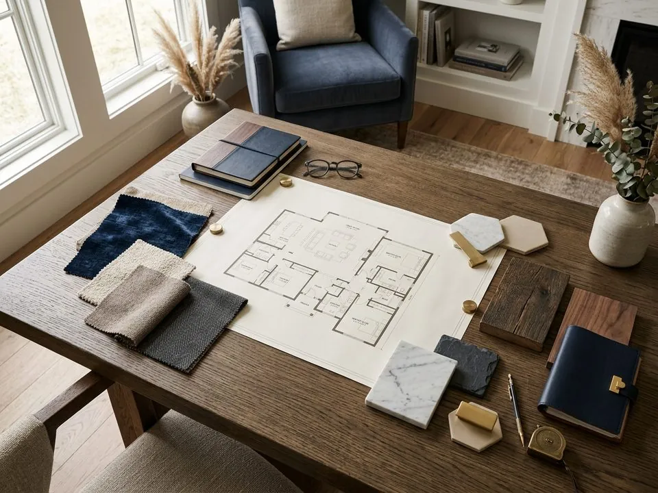 Materialmuster und Grundriss für ein Interior-Design-Konzept