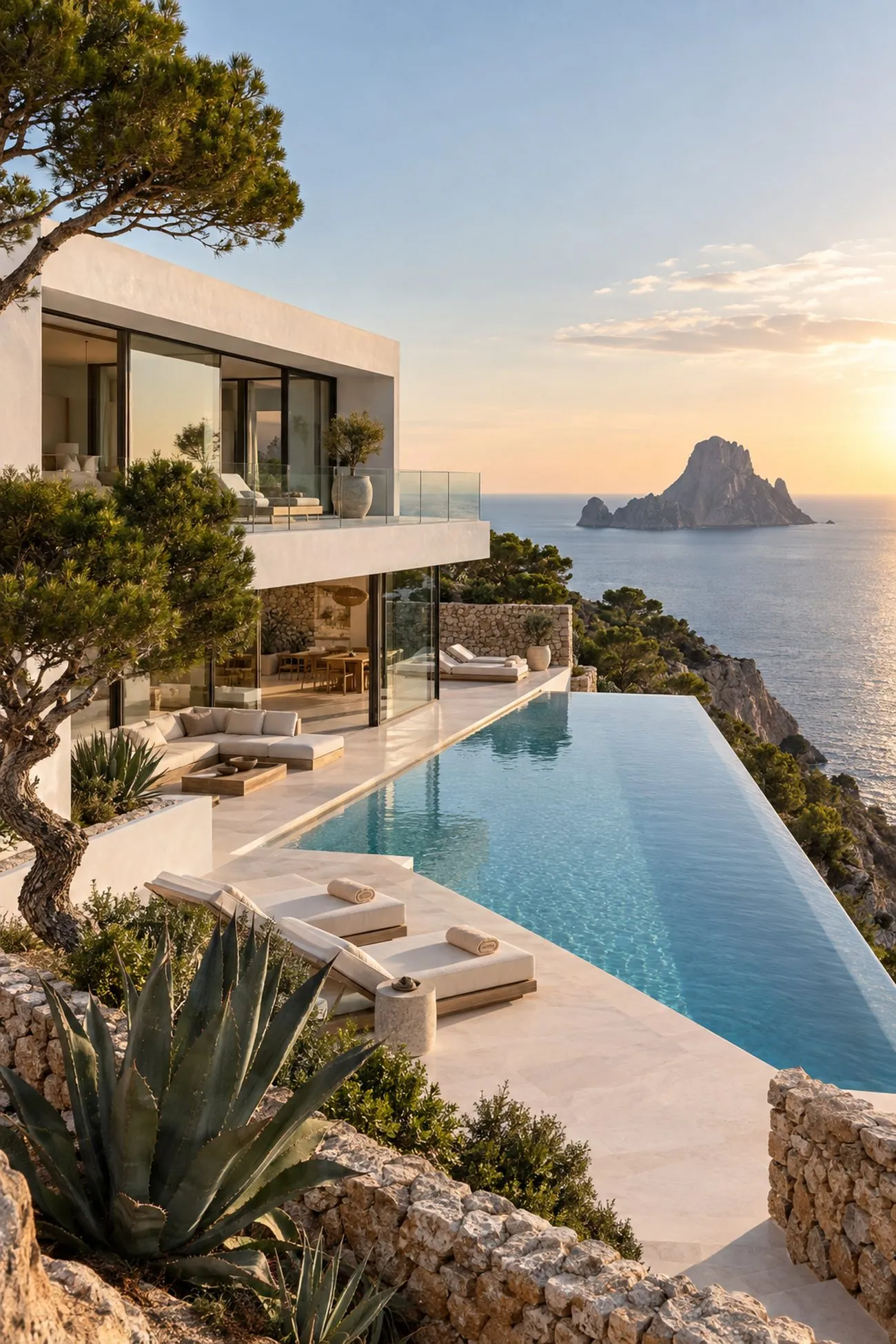 Klippenvilla auf Ibiza mit Infinity-Pool, Glasfronten und Blick auf Es Vedrà