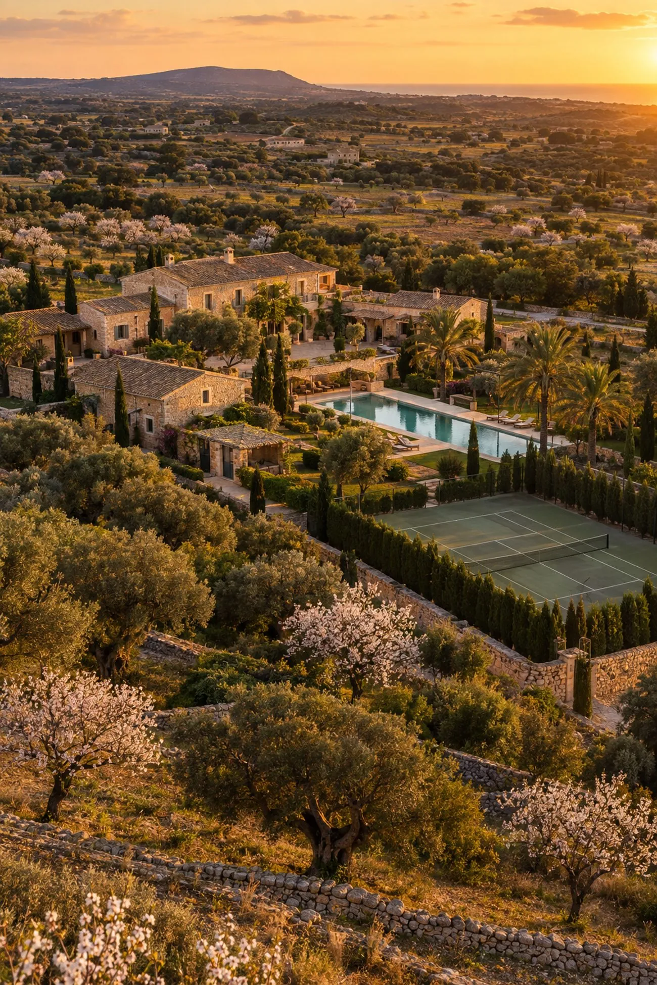 Weitläufiges Finca-Anwesen im Inselinneren bei Santanyí mit Pool, Tennisplatz und blühenden Mandelbäumen im Abendlicht