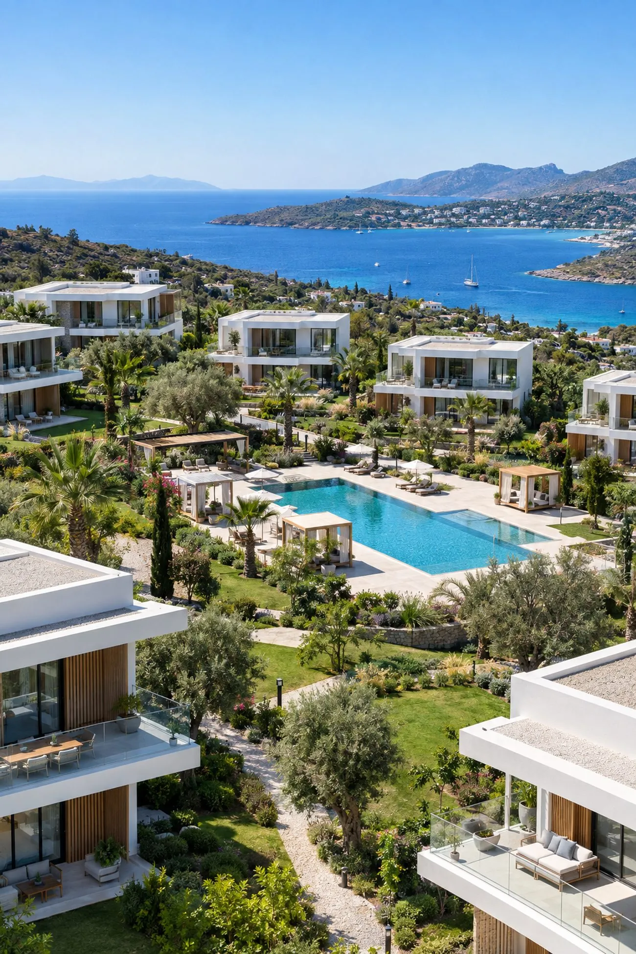 Wohnanlage in Bodrum mit Gemeinschaftspool, weißen Gebäuden und gepflegten Gärten über der Ägäis