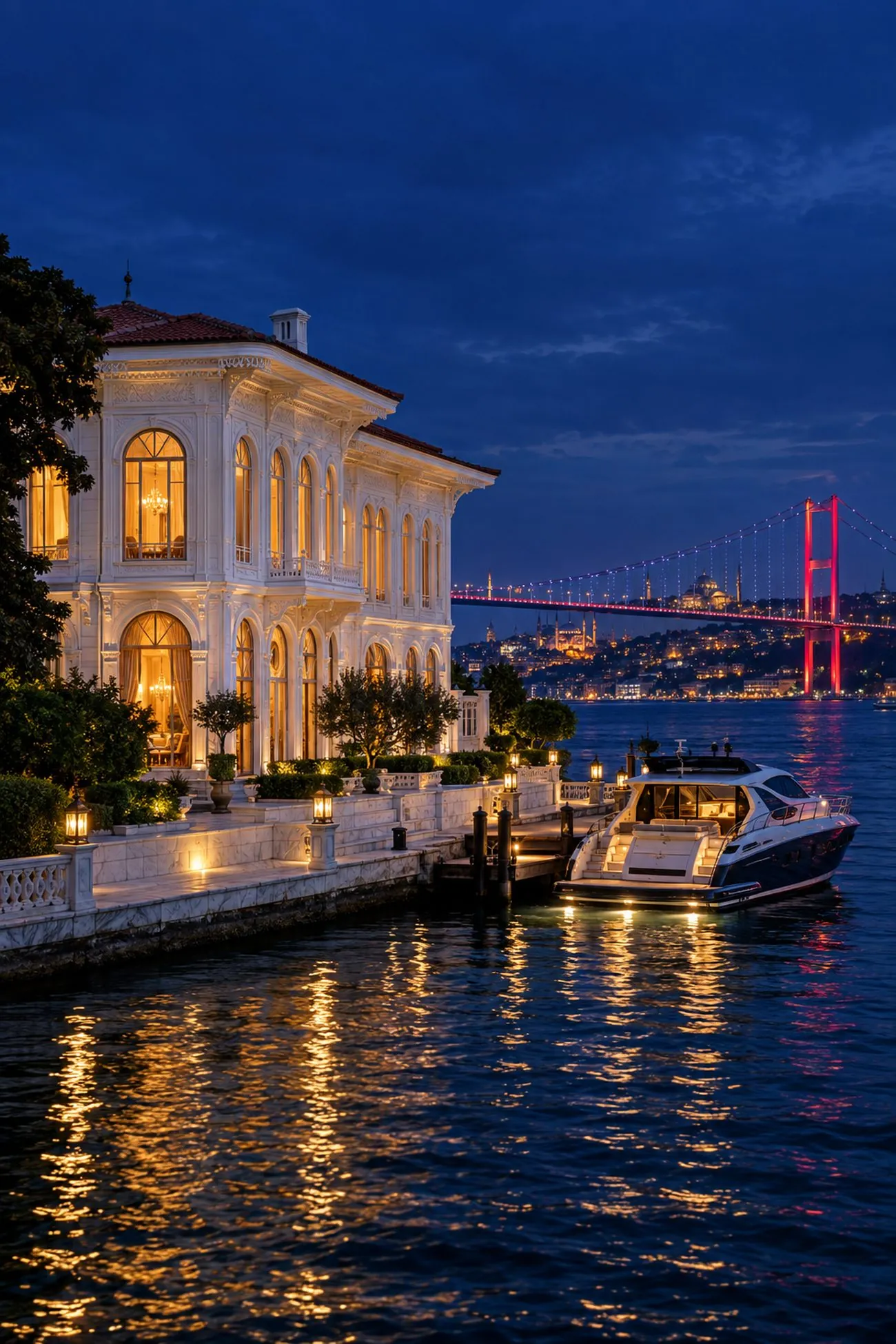 Weiße osmanische Yalı am Bosporus in Istanbul zur blauen Stunde mit privatem Anleger, Motoryacht und illuminierter Bosporusbrücke