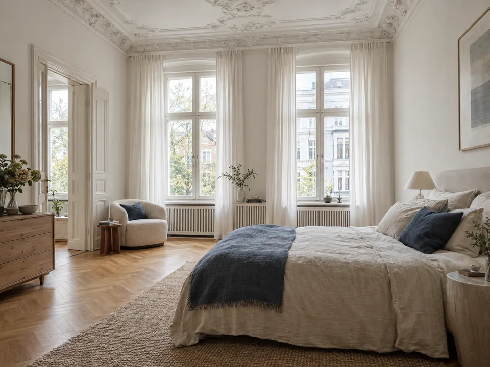 Helles Schlafzimmer in einer Altbauwohnung